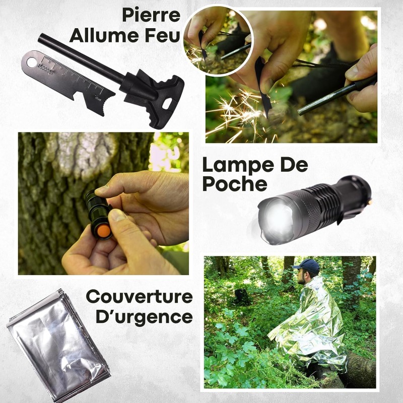 Kit de Survie Complet + Filtre à Eau – idéal pour Couple-kit Survie de  randonnée – Lampe Torche/Couteau/Couverture et Sifflet de Survie – pour  Camping Randonnée Pêche et Chasse : : Sports
