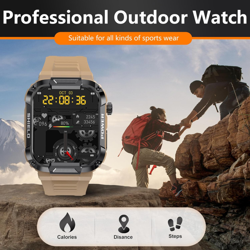 Montre Connectée Homme Militaire 1,91" AMOLED - 1000mAh, 5ATM, 110+ Sports, Appels Bluetooth, Noir