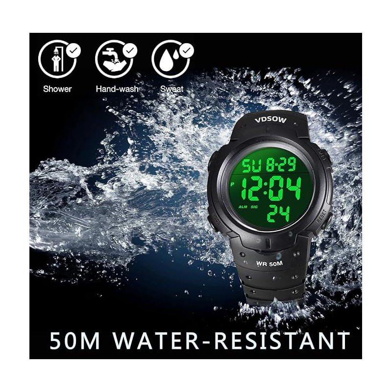 Montre Sport Grand Écran Étanche 50M - Avec LED, Chrono, Alarme - Pour Natation, Plongée, Fitness - 6