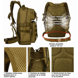 Sac à Dos Tactique 25l système MOLLE - Sable