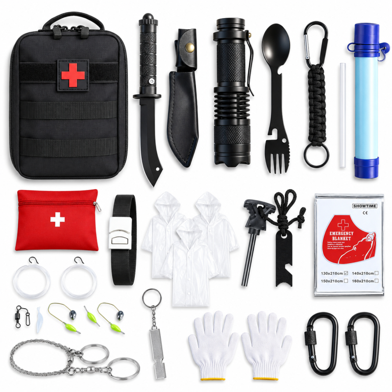 Kit de survie outdoor 12 en 1 Yakeda - vue d'ensemble du kit compact avec imperméable