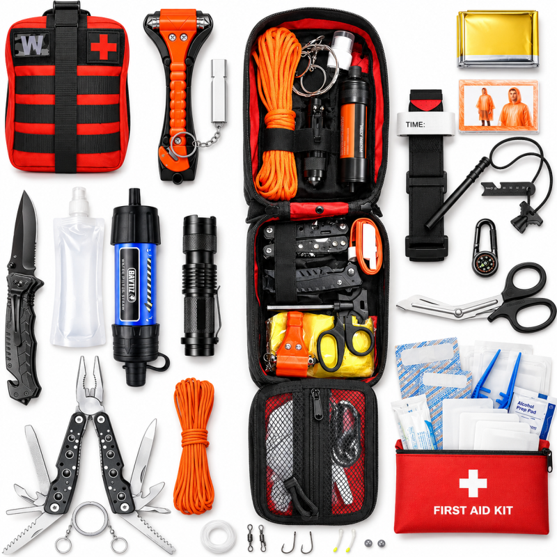 Kit survie militaire avec marteau brise-vitre - vue d'ensemble du kit voiture outdoor