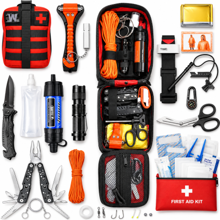 Kit survie militaire avec marteau brise-vitre - vue d'ensemble du kit voiture outdoor